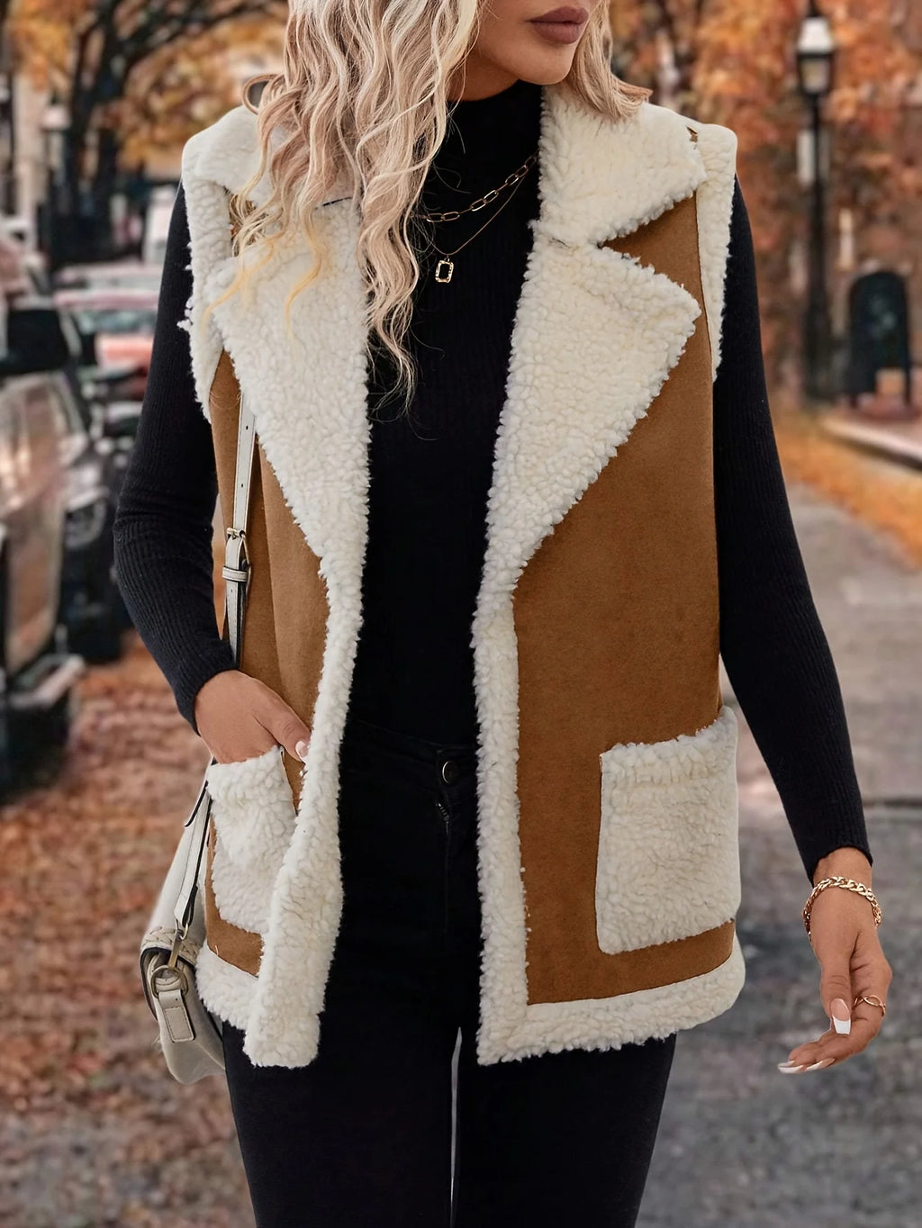 Women's rust sleeveless cosy lined lapel gilet in autumn and winter