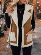 Women's black sleeveless cosy lined lapel gilet in autumn and winter