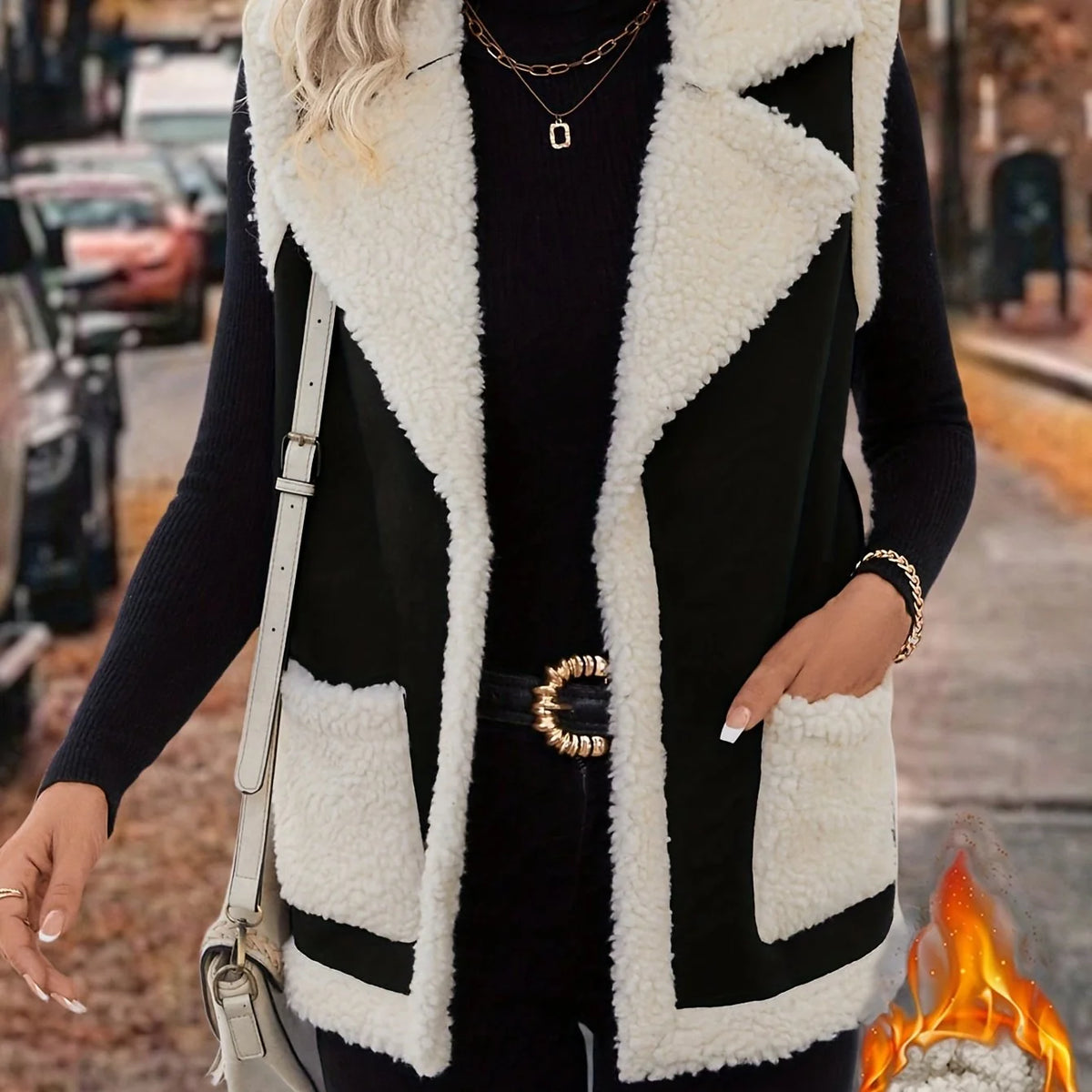Women's black sleeveless cosy lined lapel gilet in autumn and winter