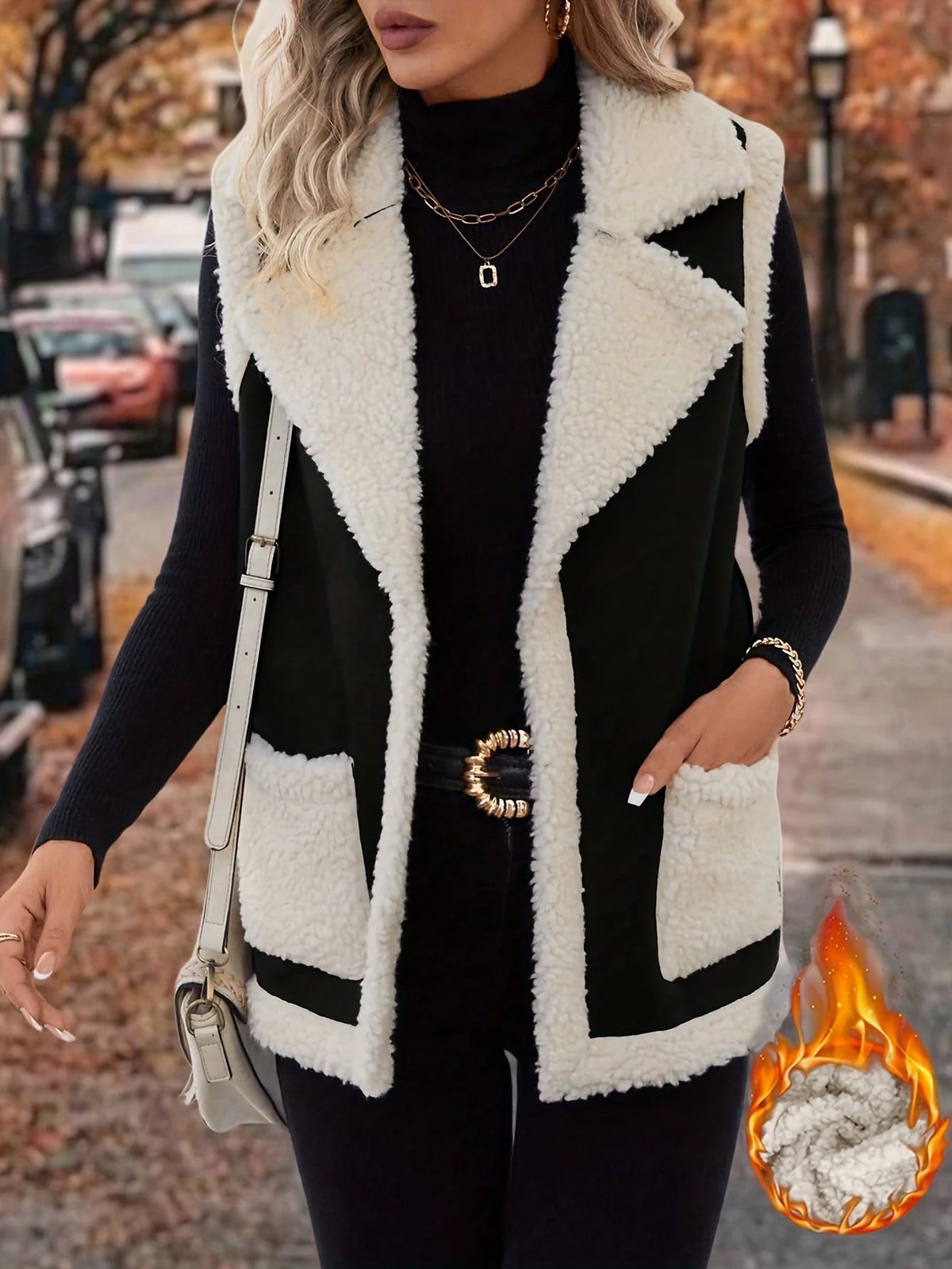 Women's black sleeveless cosy lined lapel gilet in autumn and winter