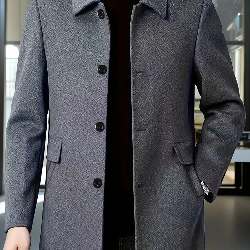 Men's dark grey tailored single-breasted overcoat for cold weather wear