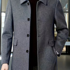 Men's dark grey tailored single-breasted overcoat for cold weather wear