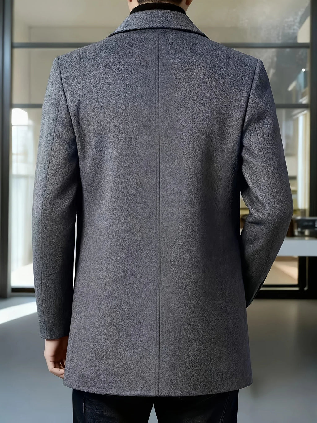 Men's dark grey tailored single-breasted overcoat for cold weather wear