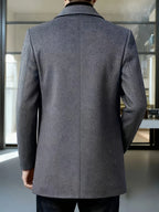 Men's dark grey tailored single-breasted overcoat for cold weather wear