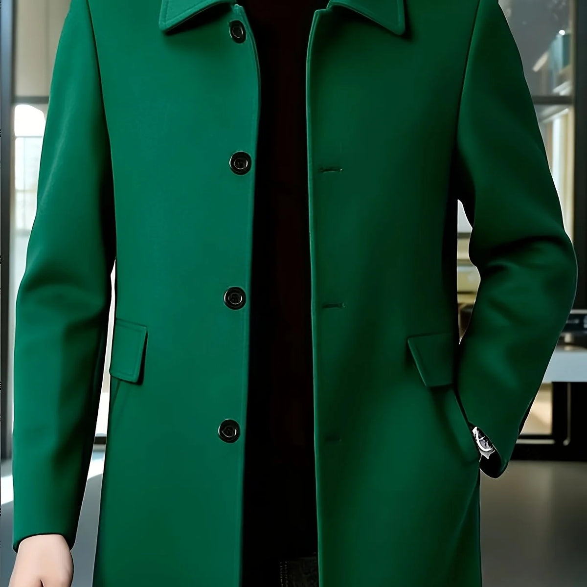 Men's green tailored single-breasted overcoat for cold weather wear