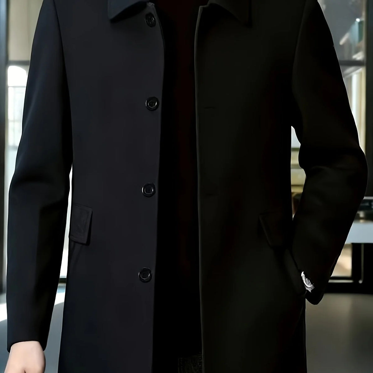 Men's green tailored single-breasted overcoat for cold weather wear