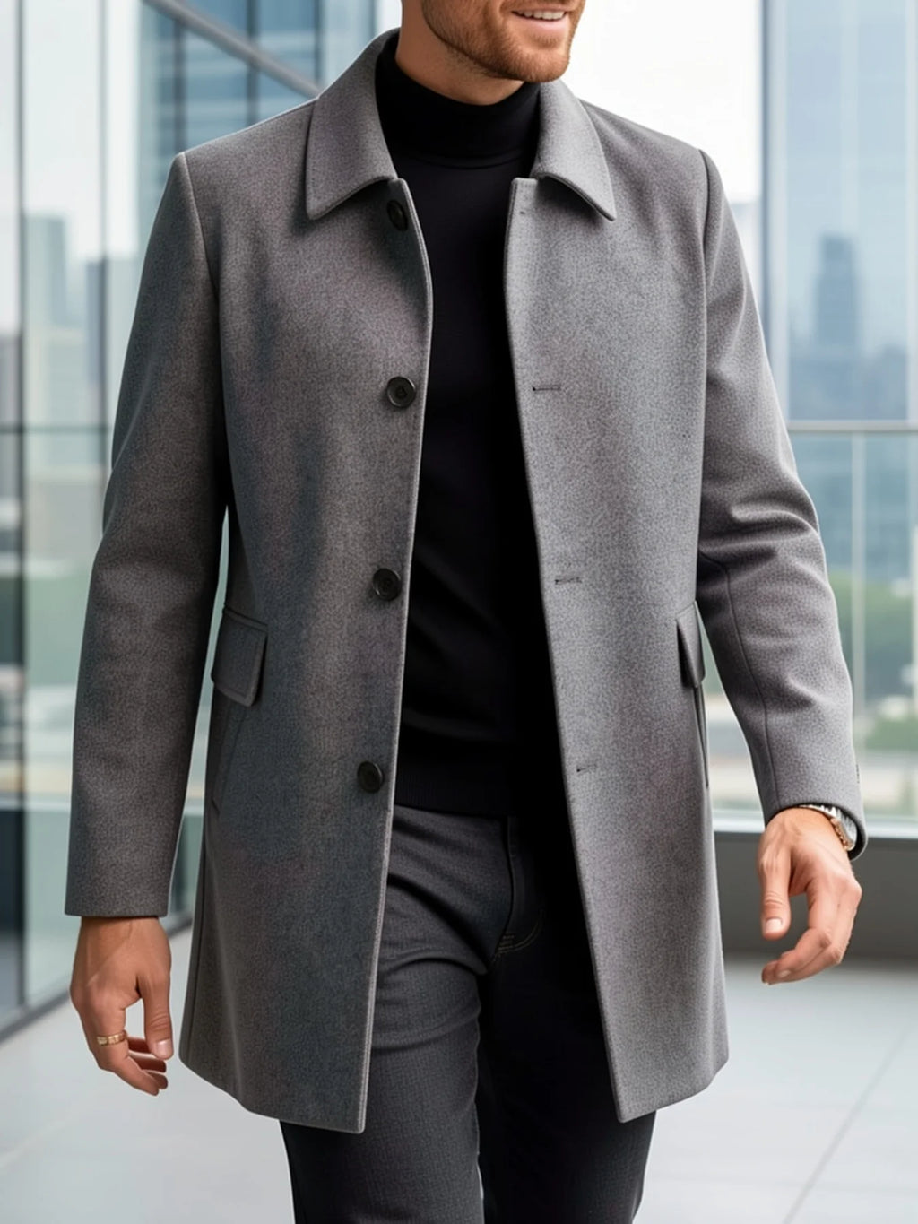 Men's deep sky blue tailored single-breasted overcoat for cold weather wear