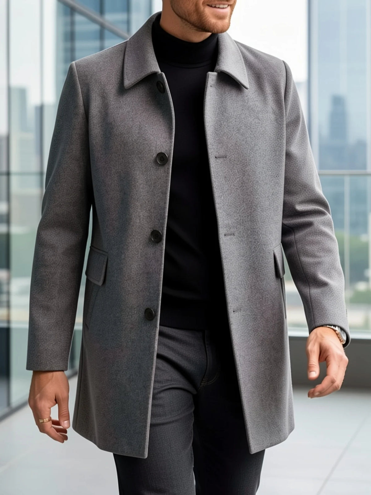 Men's deep sky blue tailored single-breasted overcoat for cold weather wear