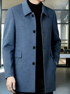 Men's black tailored single-breasted overcoat for cold weather wear