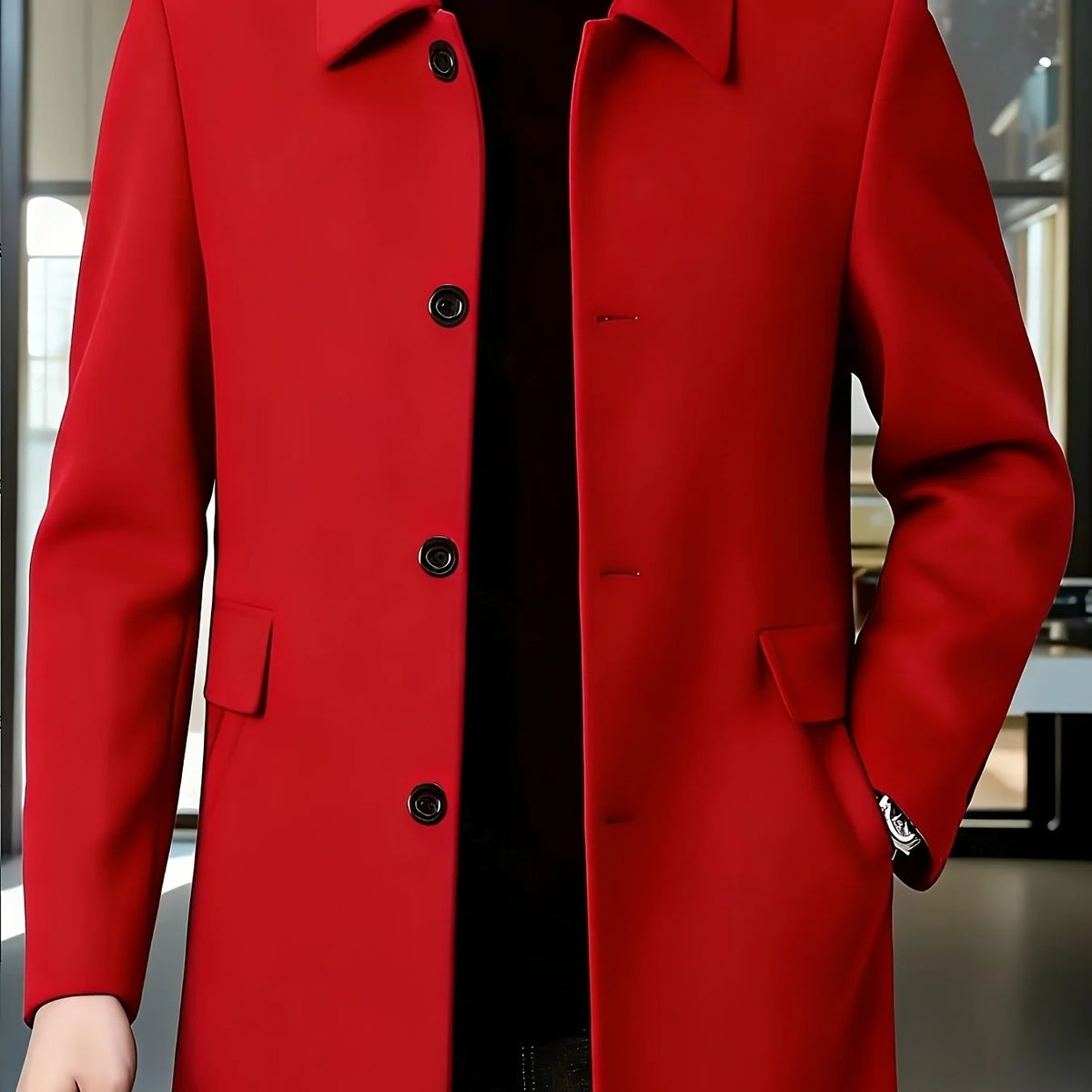 Men's red tailored single-breasted overcoat for cold weather wear