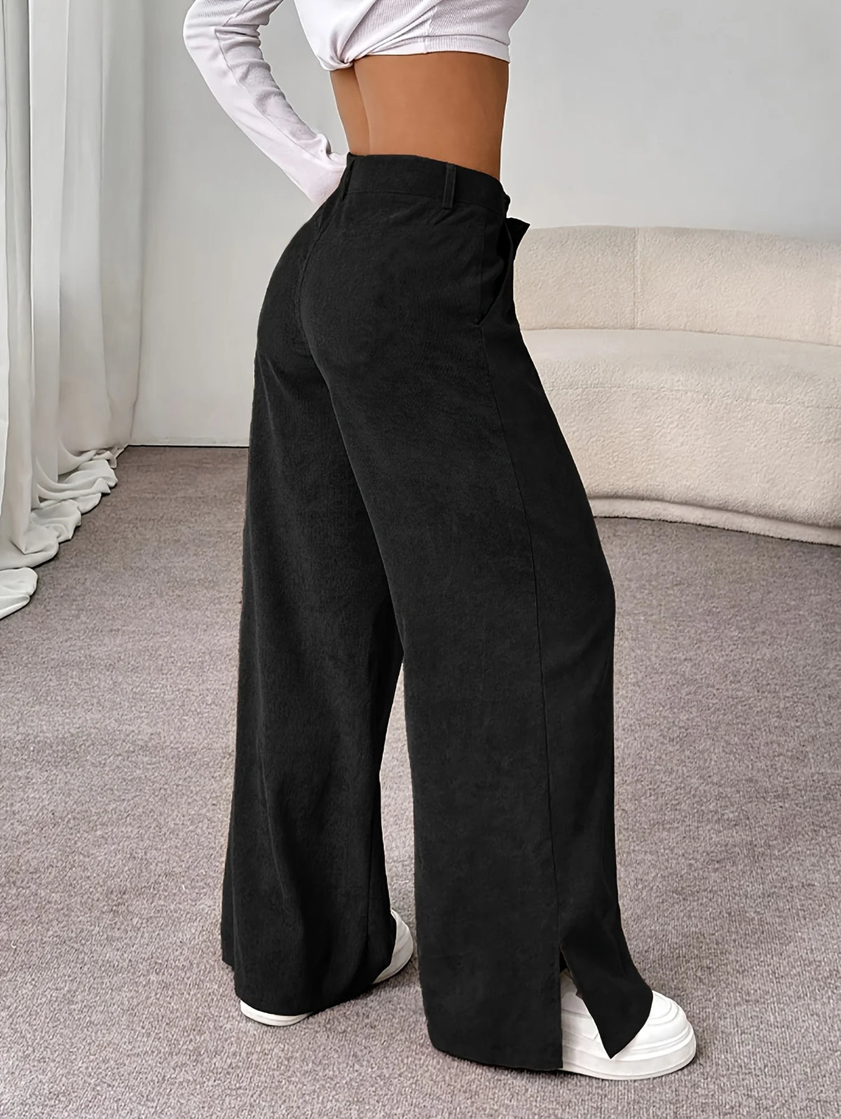 Women's deep grey high-waisted straight-leg trousers