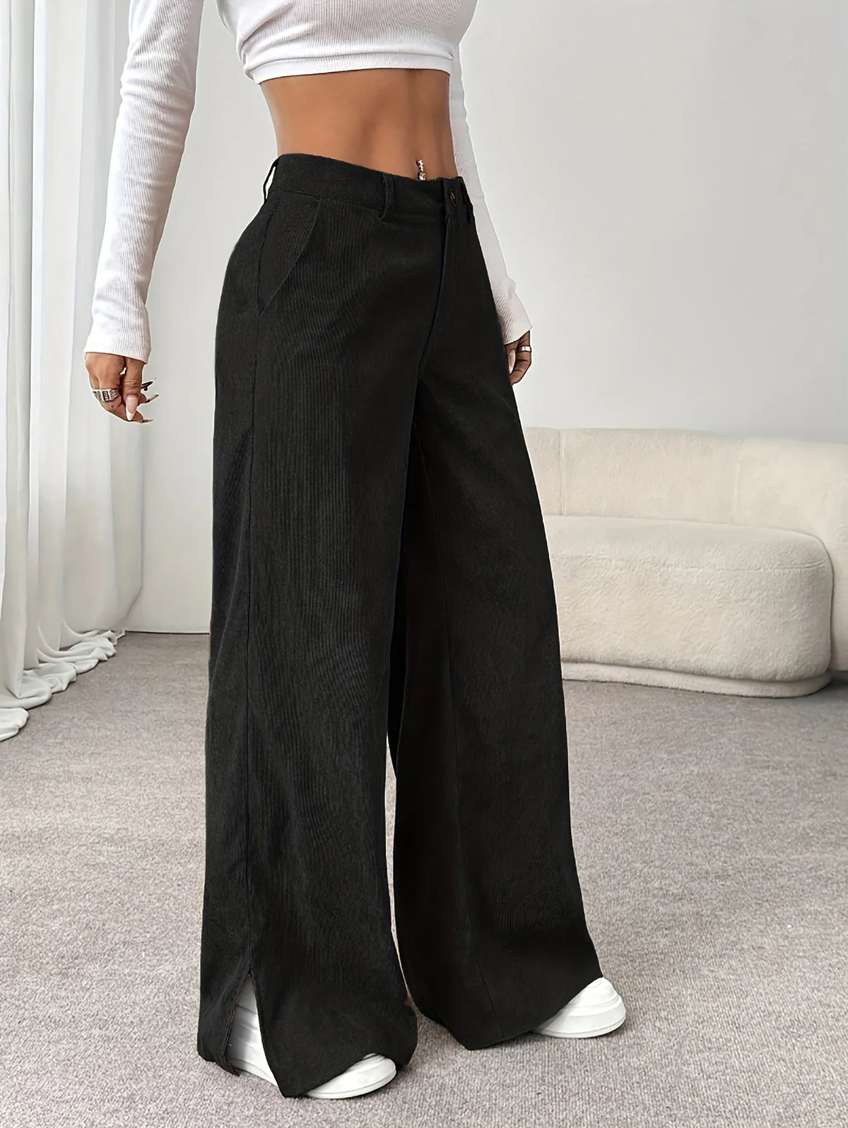 Women's deep grey high-waisted straight-leg trousers