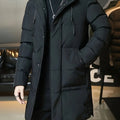 Men's black hooded longline winter coat for cold autumn and winter days