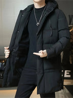 Men's black hooded longline winter coat for cold autumn and winter days
