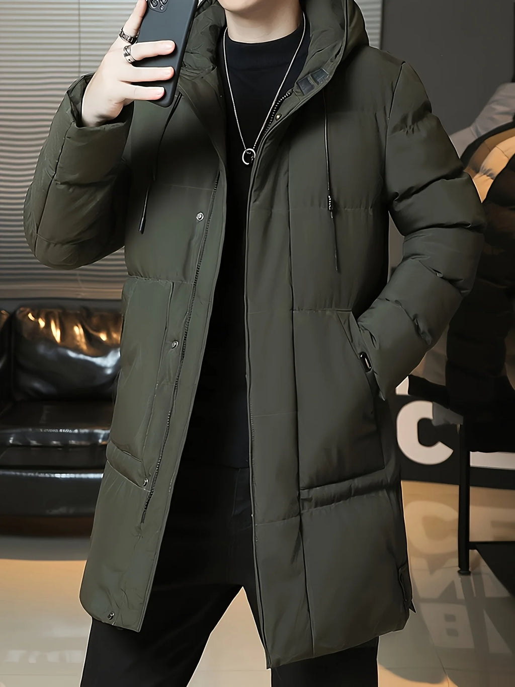 Men's grey hooded longline winter coat for cold autumn and winter days