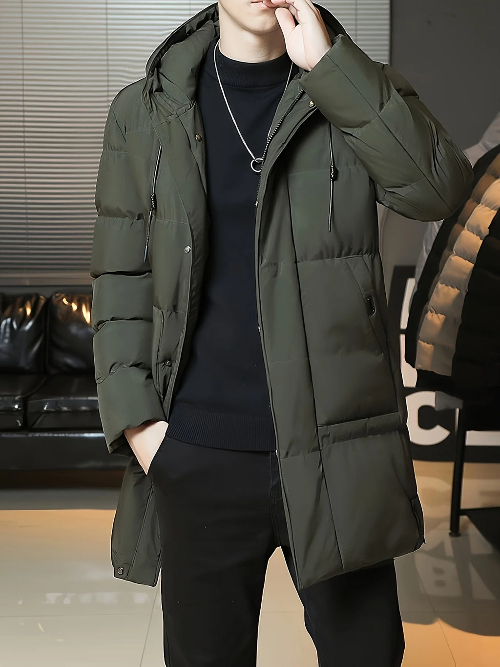 Men's grey hooded longline winter coat for cold autumn and winter days