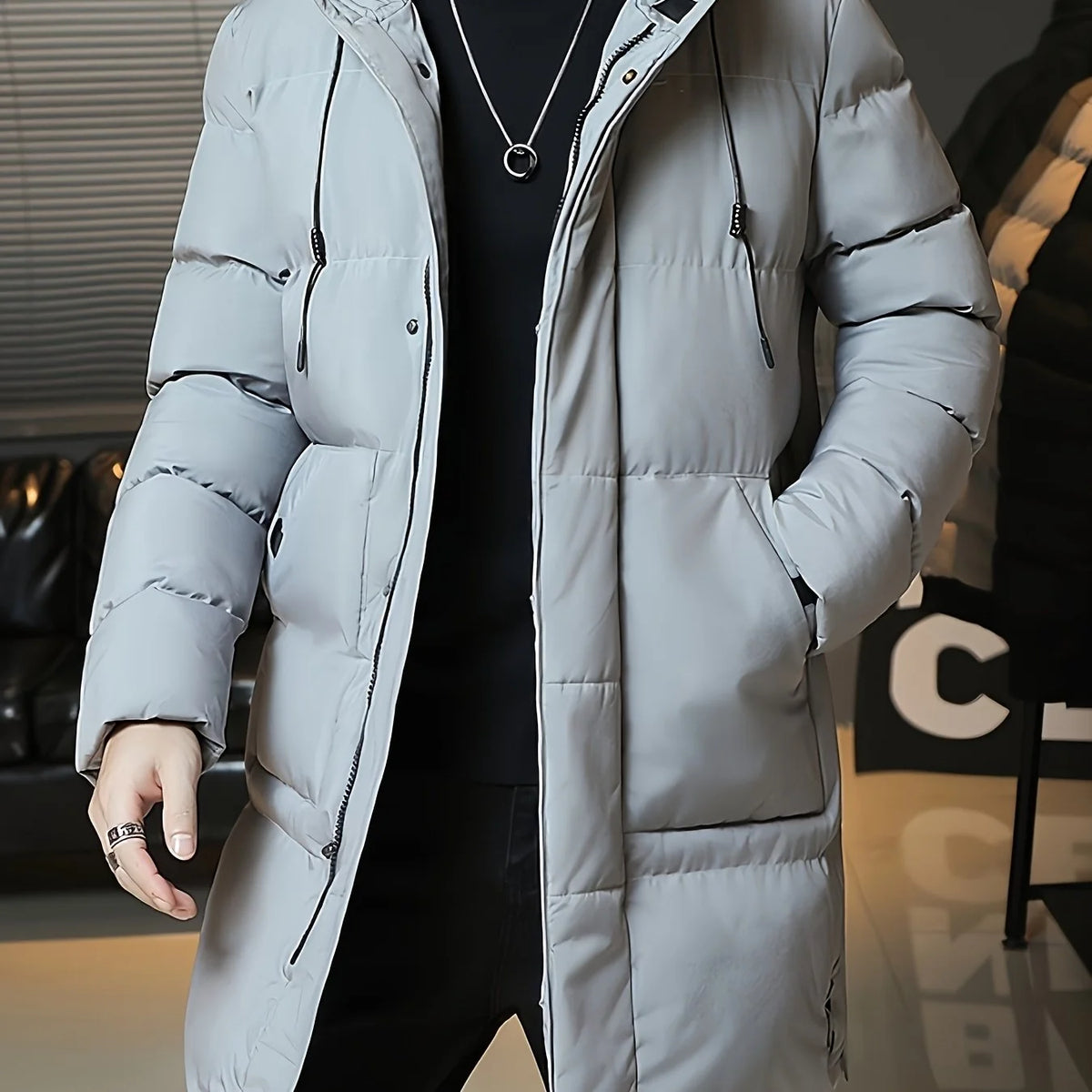 Men's grey hooded longline winter coat for cold autumn and winter days