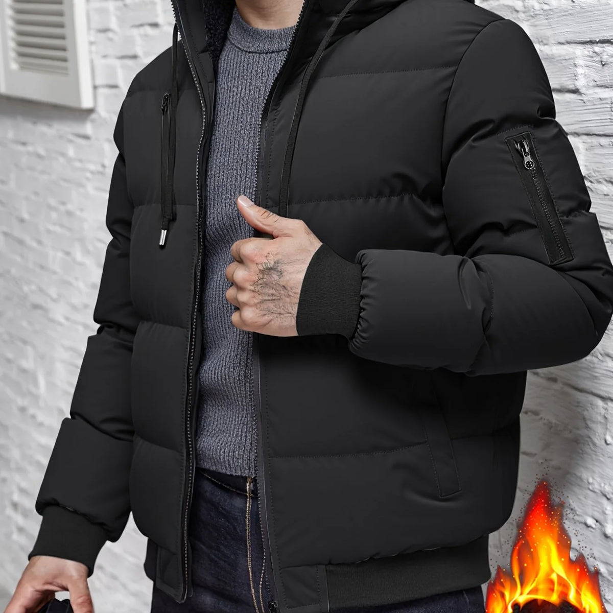 Men's black hooded quilted jacket to wear throughout autumn and winter
