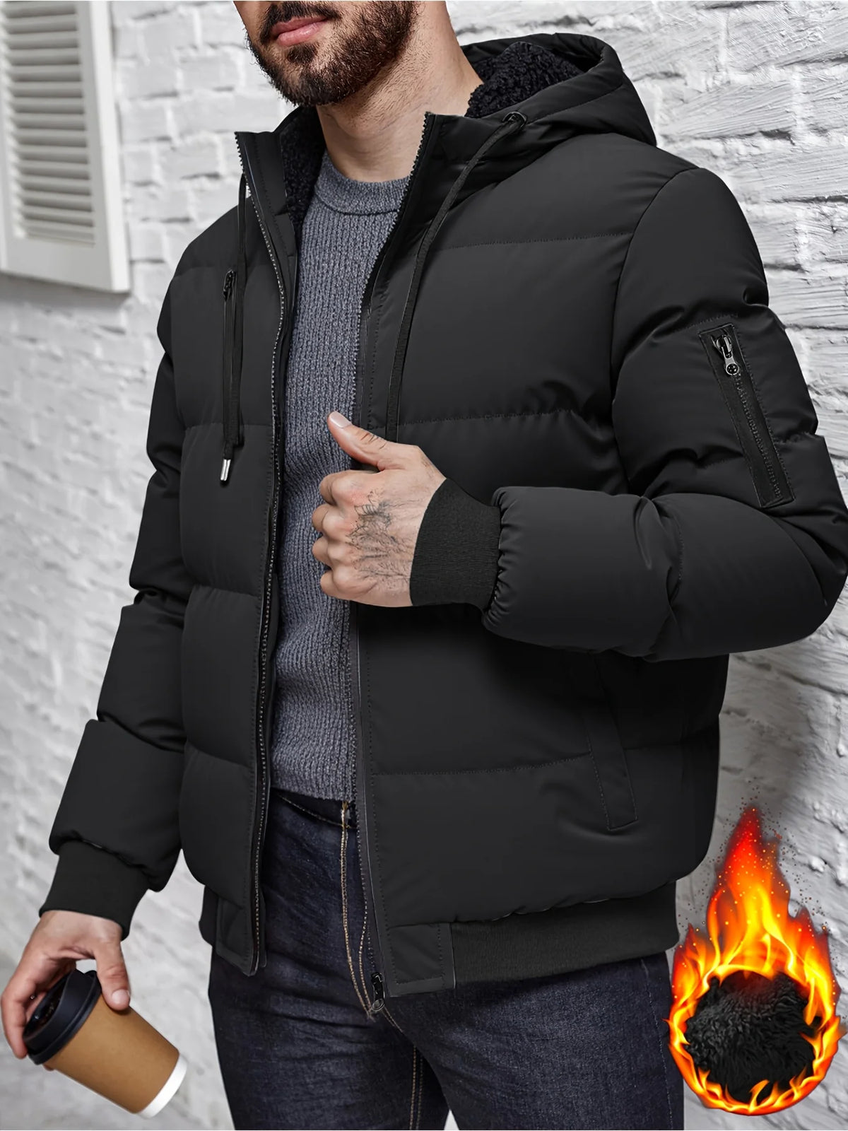 Men's black hooded quilted jacket to wear throughout autumn and winter