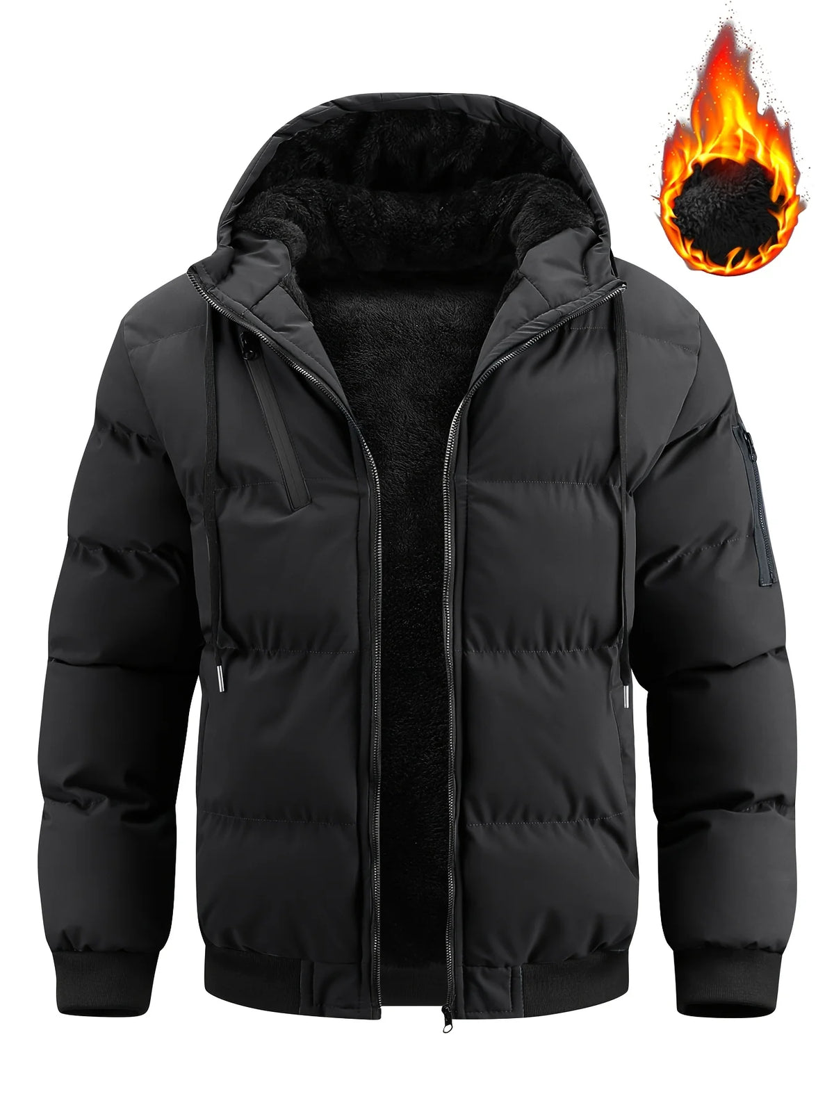 Men's black hooded quilted jacket to wear throughout autumn and winter