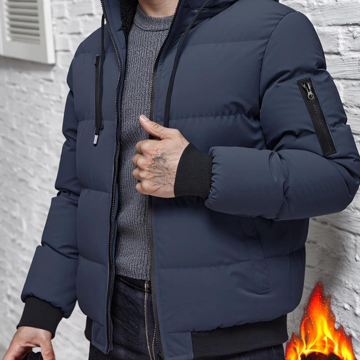 Men's navy hooded quilted jacket to wear throughout autumn and winter