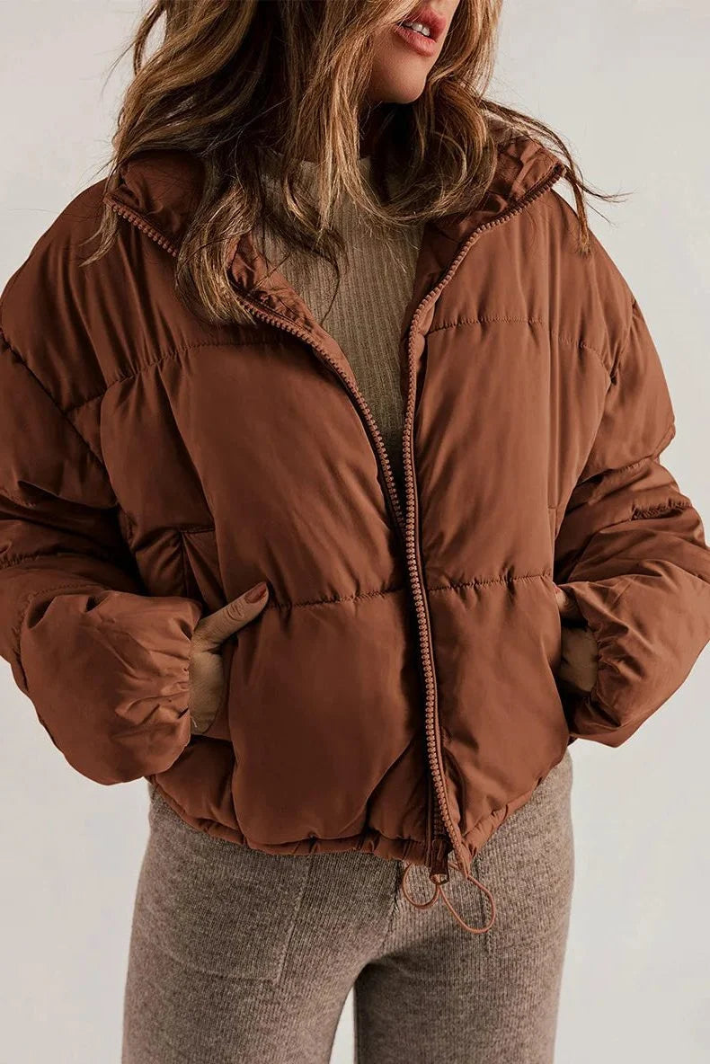 Women's brown cropped hooded puffer jacket with drawstring hem