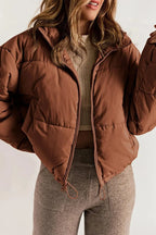 Women's brown cropped hooded puffer jacket with drawstring hem