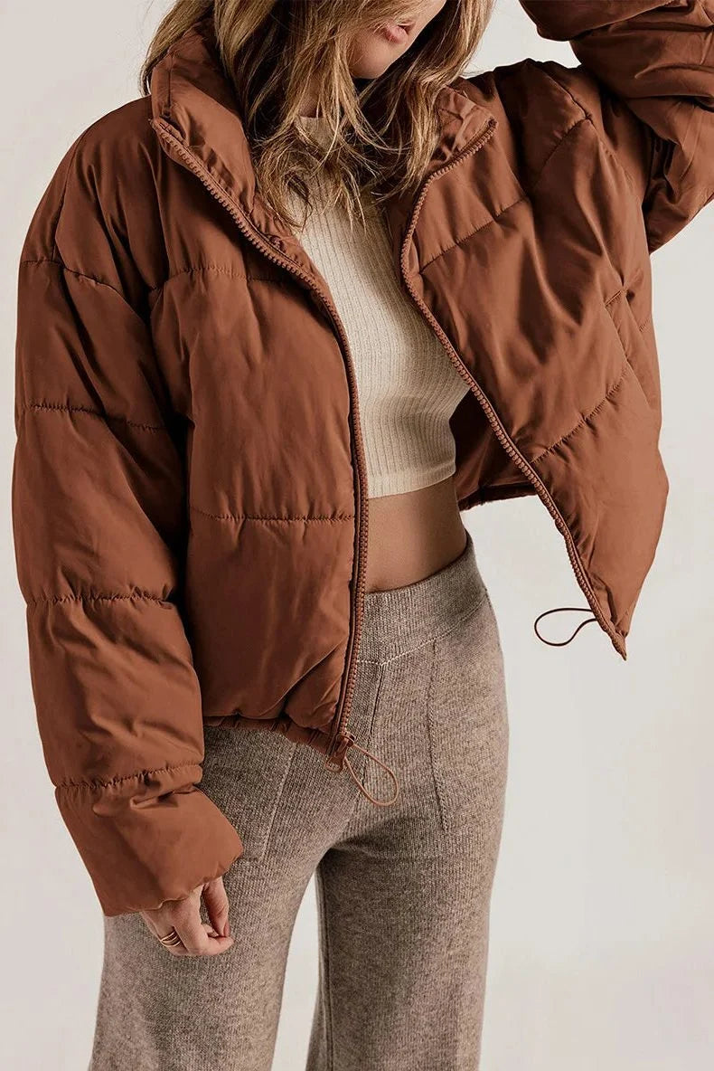 Women's brown cropped hooded puffer jacket with drawstring hem