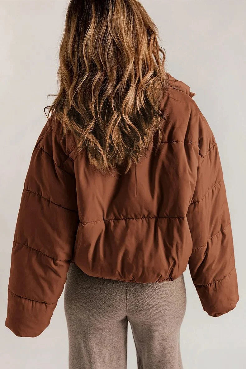 Women's khaki cropped hooded puffer jacket with drawstring hem