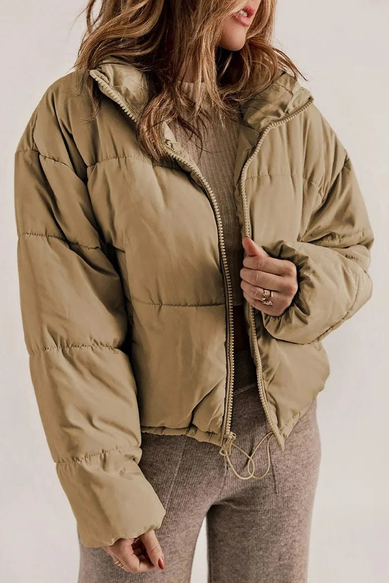 Women's khaki cropped hooded puffer jacket with drawstring hem