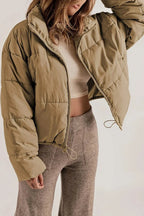 Women's khaki cropped hooded puffer jacket with drawstring hem