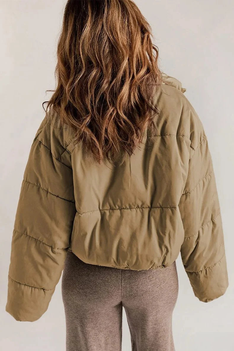 Women's black cropped hooded puffer jacket with drawstring hem