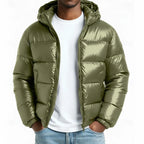 Men's green hooded puffer jacket for the colder autumn and winter months