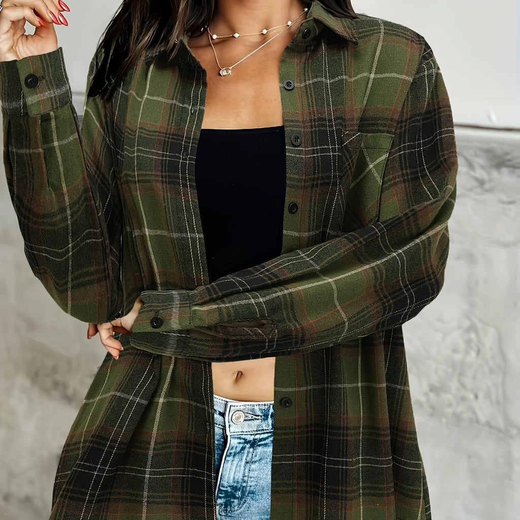 Women's army green longline checked shirt