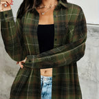 Women's army green longline checked shirt