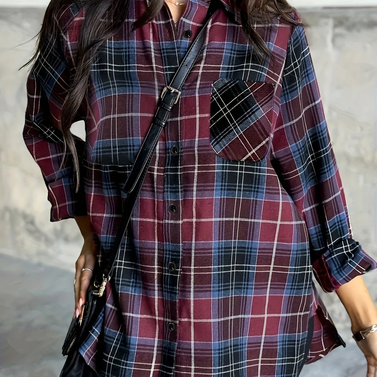 Women's rose red longline checked shirt