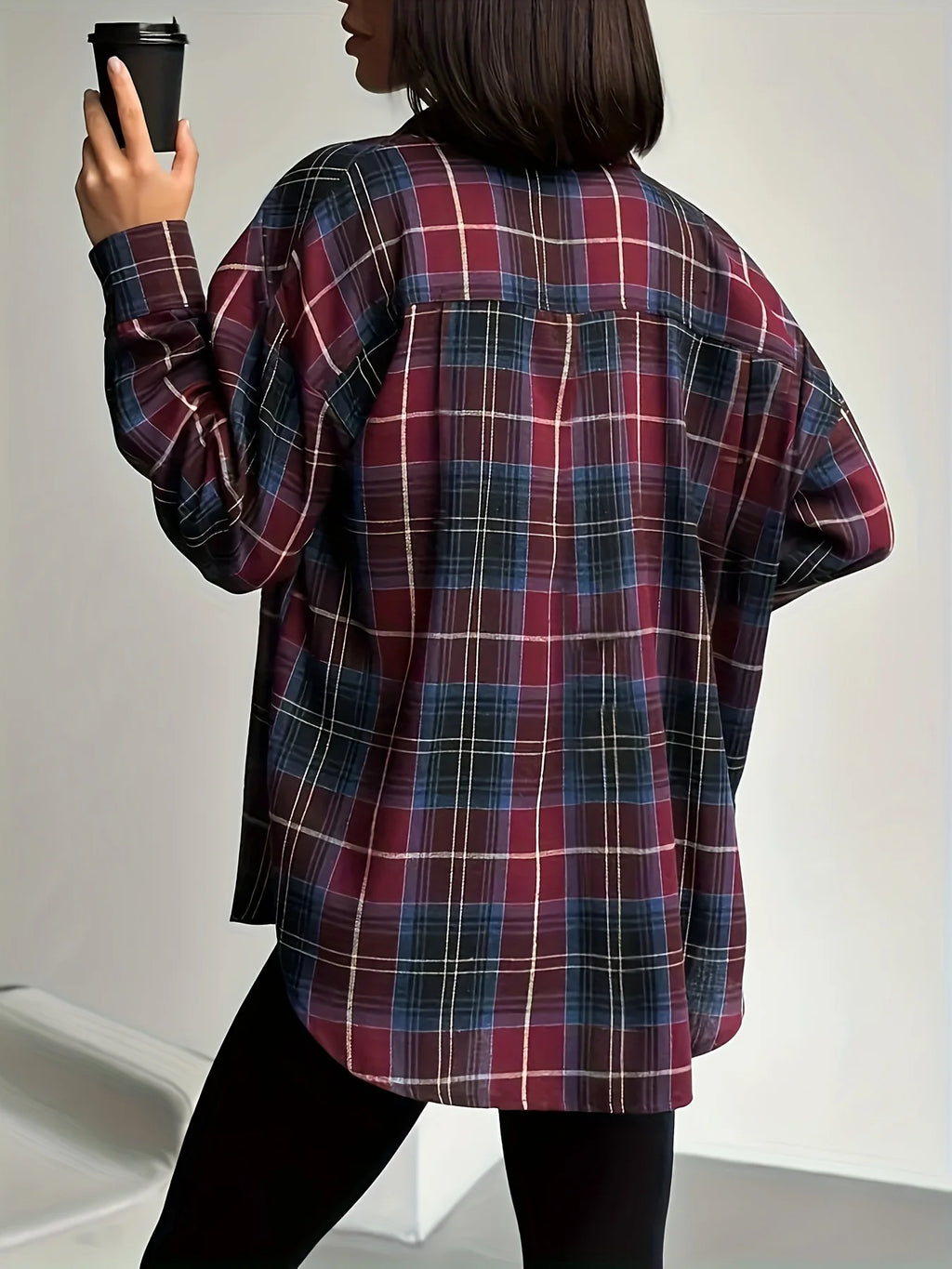 Women's rose red longline checked shirt