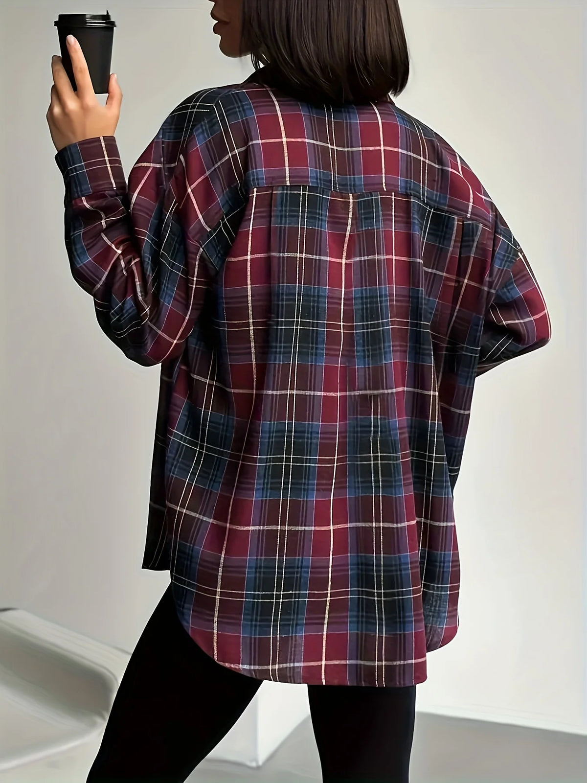 Women's rose red longline checked shirt
