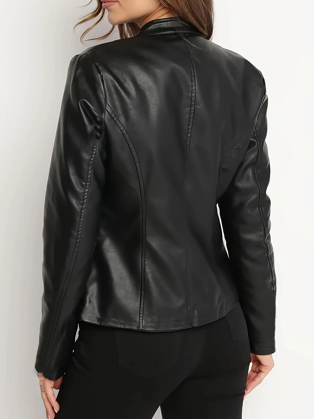 Women's black cropped sleek zip-up moto jacket in autumn and winter