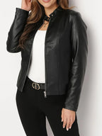 Women's black cropped sleek zip-up moto jacket in autumn and winter