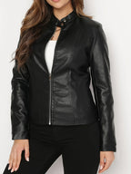 Women's black cropped sleek zip-up moto jacket in autumn and winter