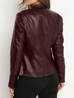 Women's burgundy cropped sleek zip-up moto jacket in autumn and winter