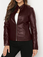 Women's burgundy cropped sleek zip-up moto jacket in autumn and winter