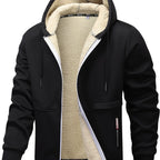 Men's black cosy hooded zip-up jacket for autumn and winter wear
