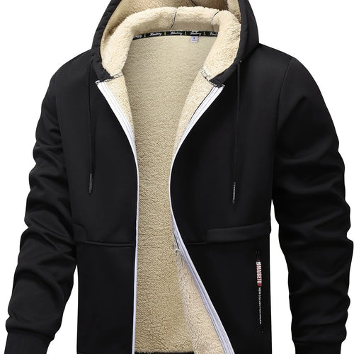 Men's black cosy hooded zip-up jacket for autumn and winter wear