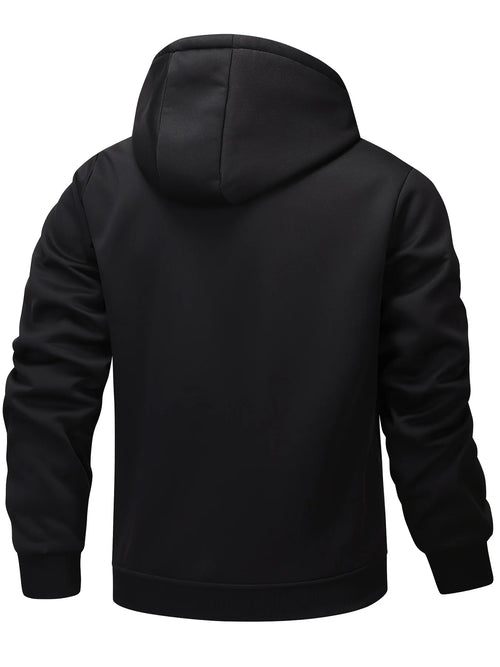 Men's black cosy hooded zip-up jacket for autumn and winter wear