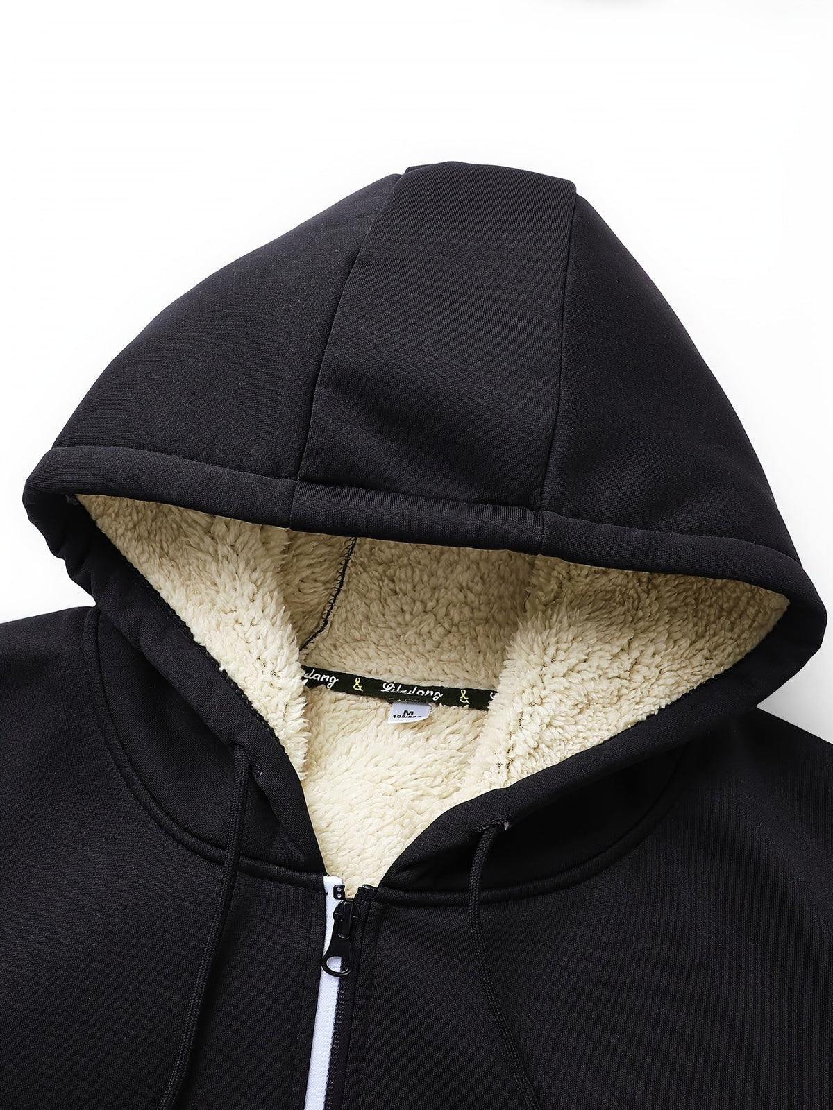 Men's black cosy hooded zip-up jacket for autumn and winter wear