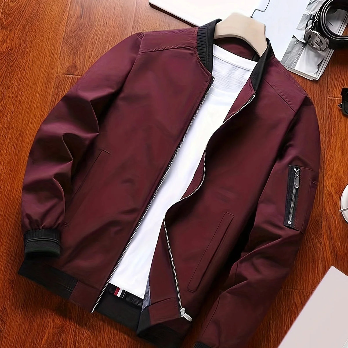 Men's burgundy cropped everyday bomber jacket for autumn and winter wear