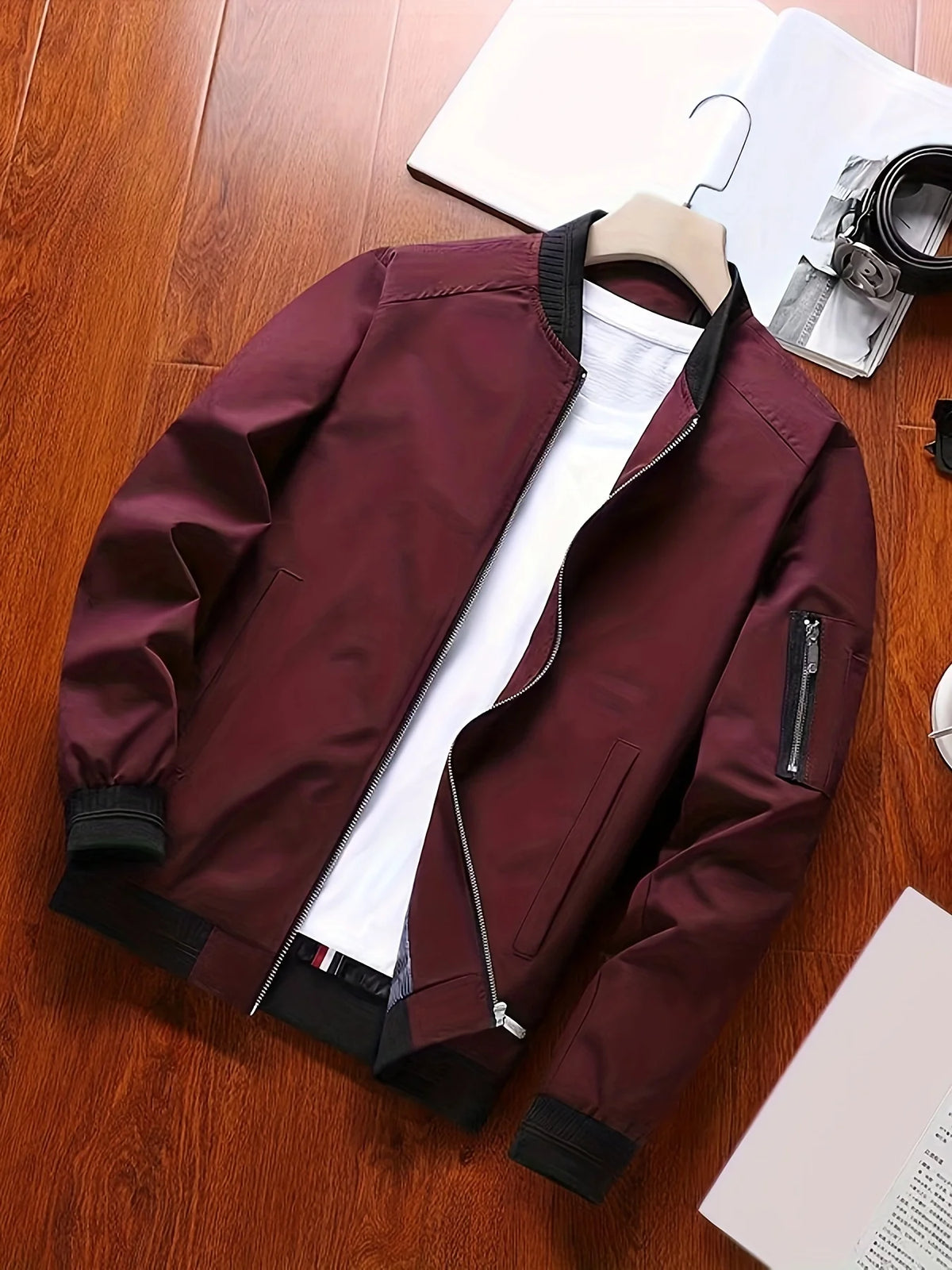 Men's burgundy cropped everyday bomber jacket for autumn and winter wear