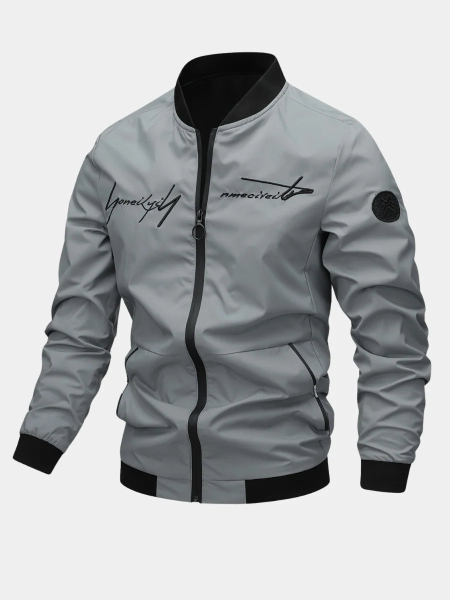 Men's grey cropped embroidered baseball jacket in autumn and winter